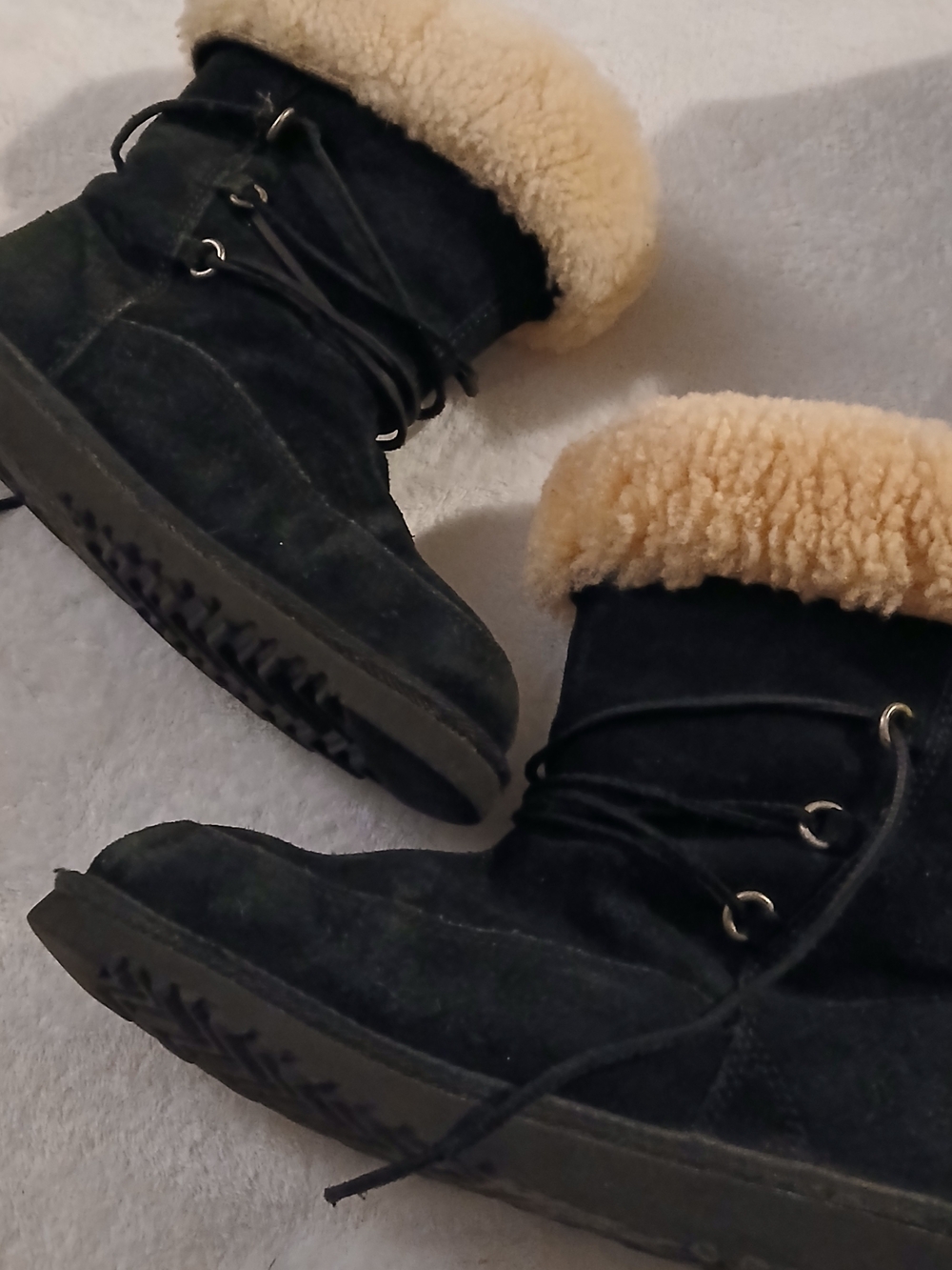 UGG Black Suede Lace-Up Winter Boots + Cream Shearling Cuff, Size 5